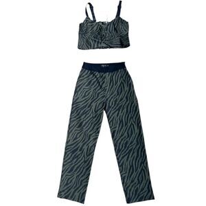 BALBOA Two Pieces Green Military Print, Top Crop Sleeveless Pant High Waisted L